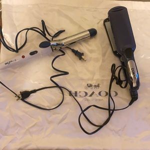 Two hair appliances. One curling iron on one wet to straight hair iron.